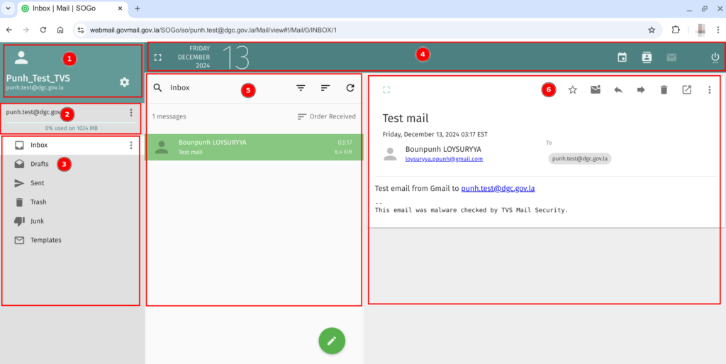 ພາບລວມໜ້າຕາເວັບເມວ Webmail Interface – ລະບົບຈົດໝາຍເອເລັກໂຕນິກ